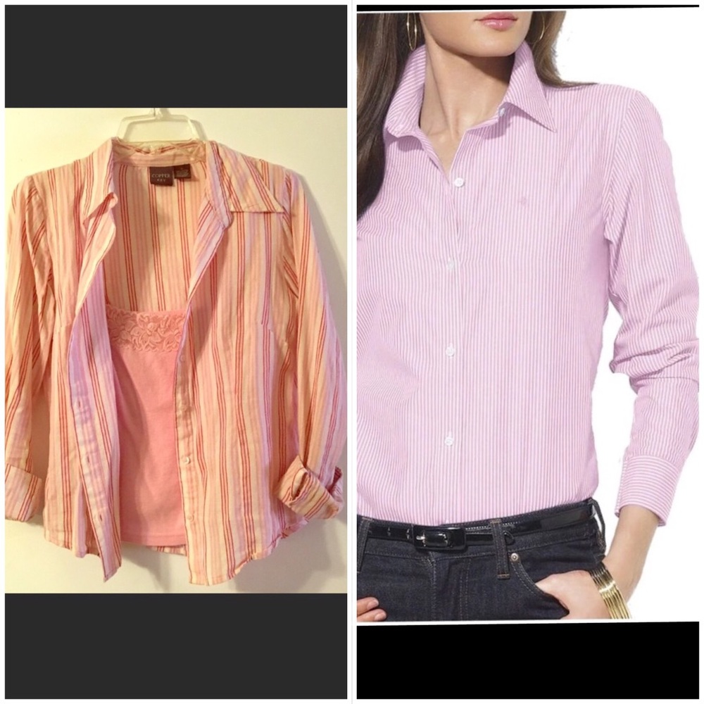 5/$25 Copper Key Pink linen striped button down shirt - Picture 1 of 3